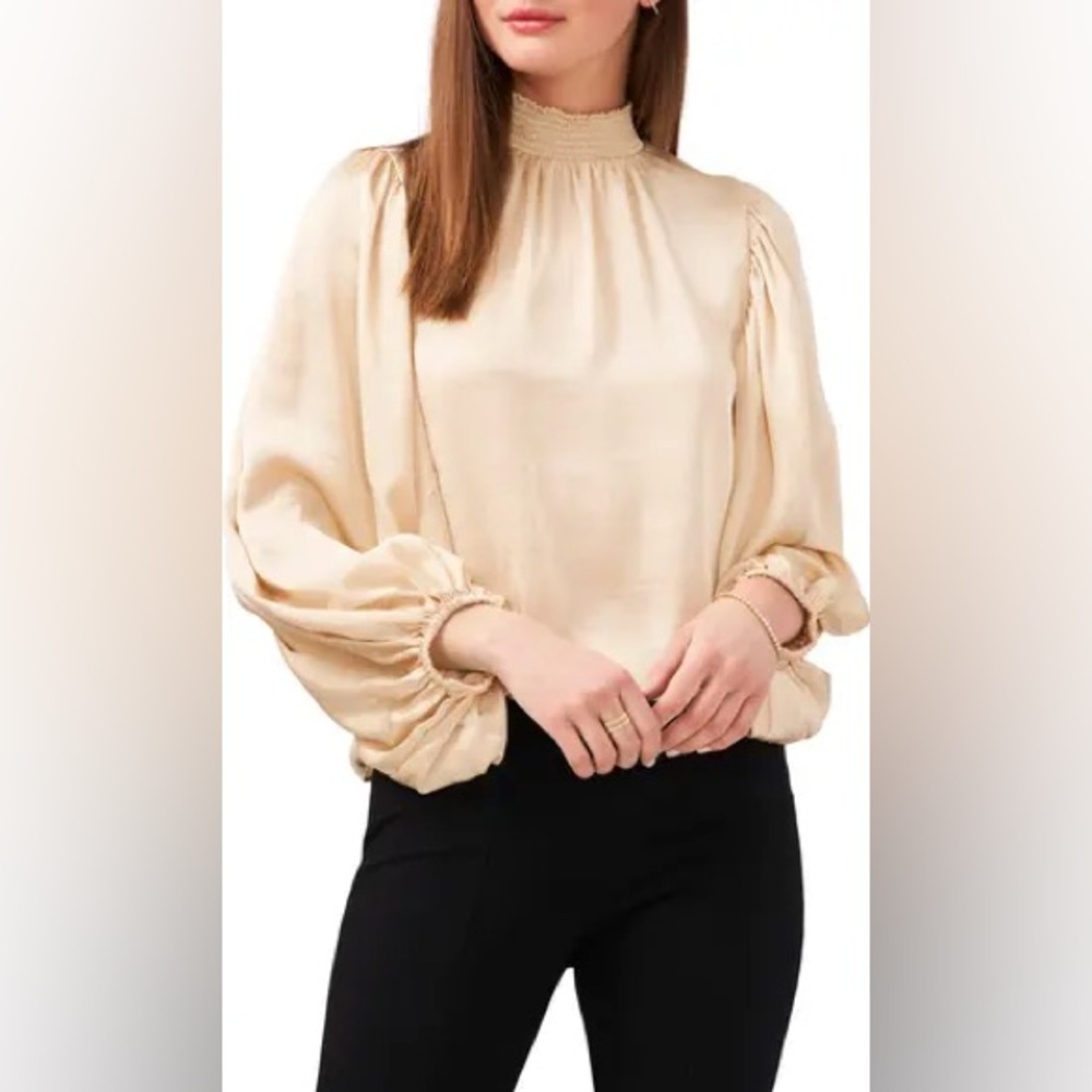 NWT MSK Cream Balloon Sleeve High-Neck Blouse Sz‎ S (TXA960)